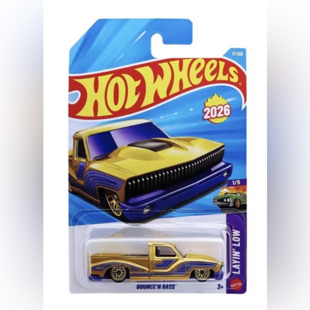 2026 Hot Wheels Bounce’n Bass Gold Lowrider Pickup Layin’ Low 1/5